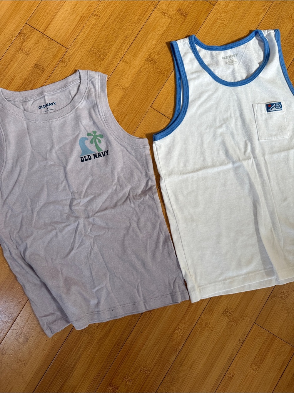 Old Navy White Tank Top with Blue Trim & Light Purple Graphic Tank 6t, 6/7
